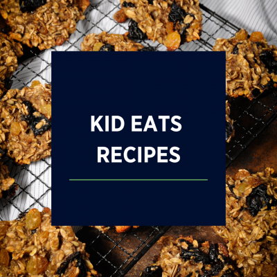 Kid eats recipes text over banana oatmeal cookies